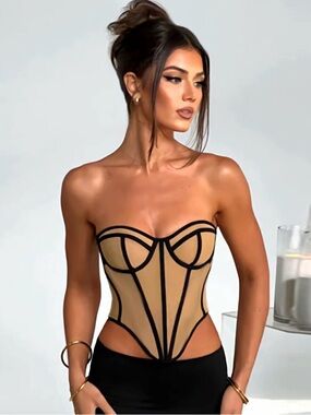 Strapless Nude Corset Top with Black Piping